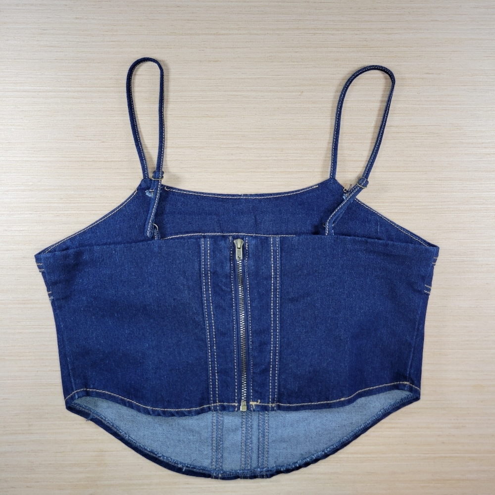 ​Sincerely Jules Denim Corset Crop Top L Dark Wash Adjustable Straps Festival - Picture 2 of 12